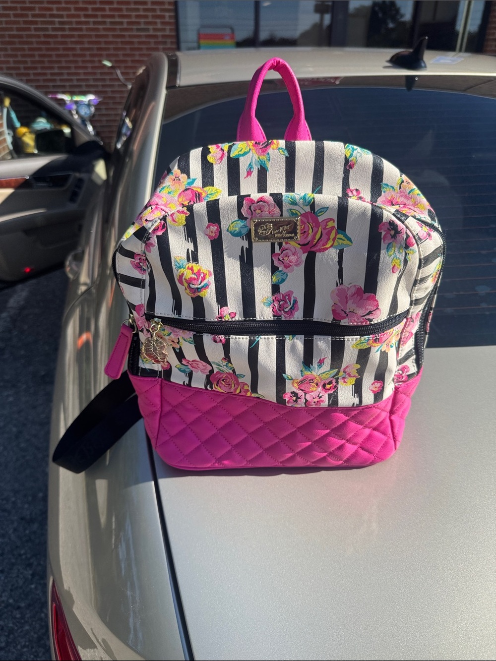 Floral Stripe Mini Backpack in Hot Pink Quilted Accent - Unbranded